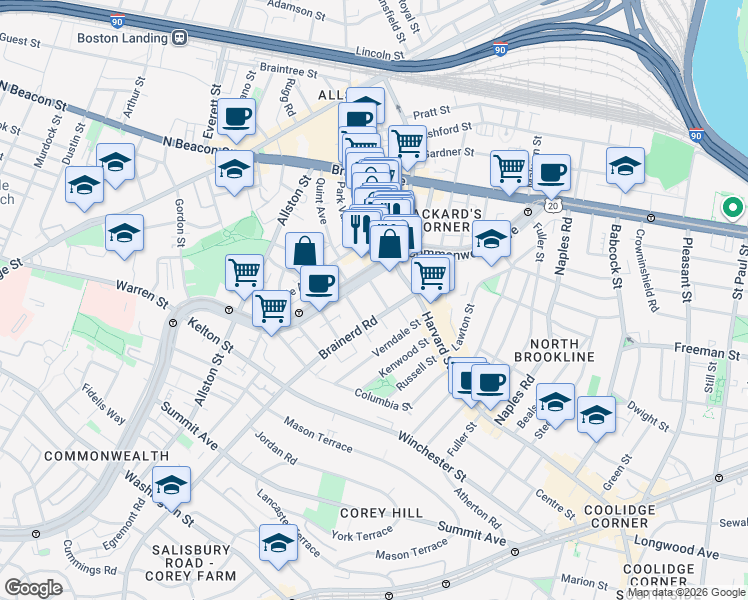 map of restaurants, bars, coffee shops, grocery stores, and more near 1254 Commonwealth Avenue in Boston