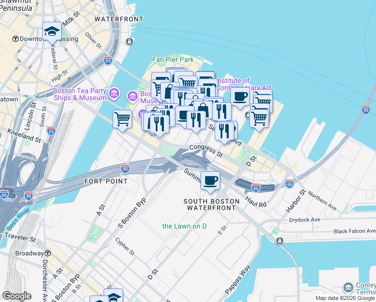 map of restaurants, bars, coffee shops, grocery stores, and more near 131 Seaport Boulevard in Boston
