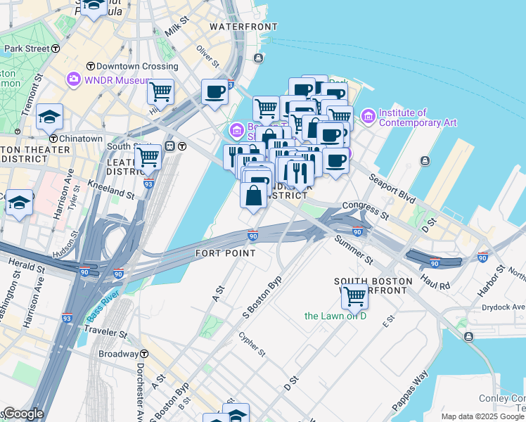 map of restaurants, bars, coffee shops, grocery stores, and more near in Boston