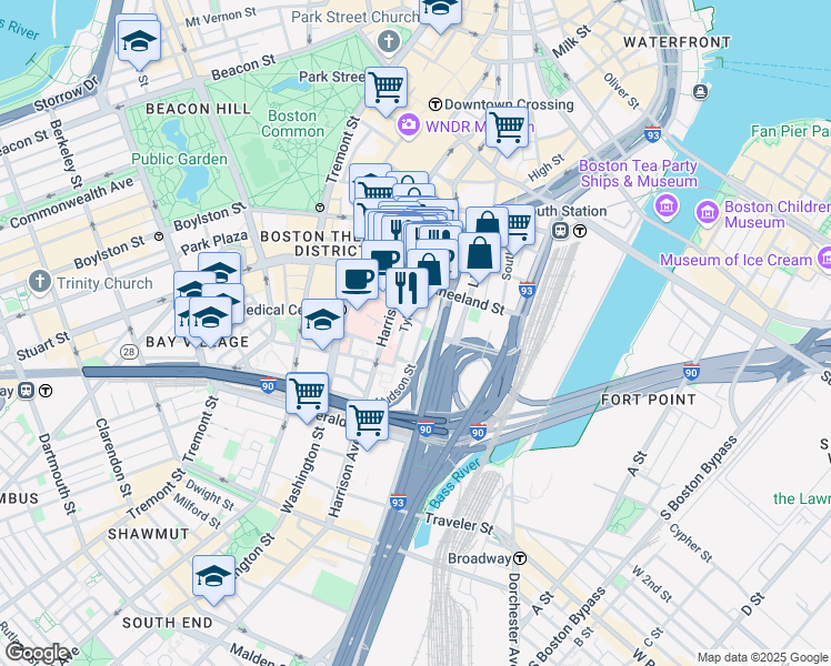 map of restaurants, bars, coffee shops, grocery stores, and more near 1 Hudson Street in Boston