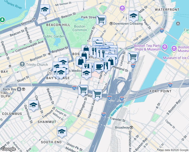 map of restaurants, bars, coffee shops, grocery stores, and more near in Boston