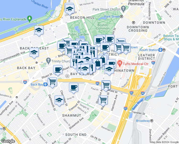 map of restaurants, bars, coffee shops, grocery stores, and more near 34-38 Winchester Street in Boston