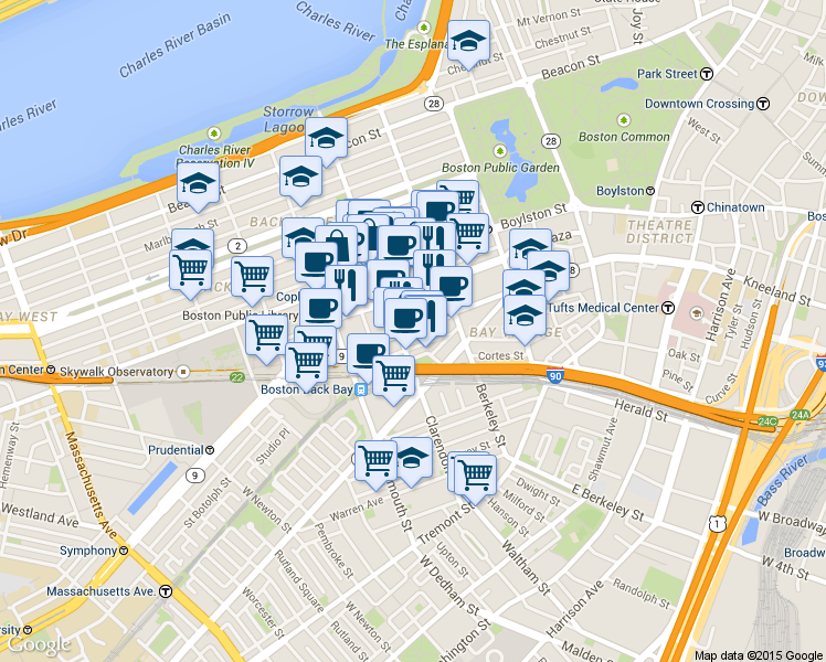 map of restaurants, bars, coffee shops, grocery stores, and more near 197 Clarendon Street in Boston