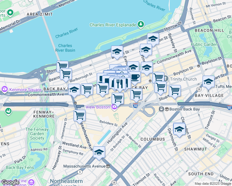 map of restaurants, bars, coffee shops, grocery stores, and more near 219 Newbury Street in Boston