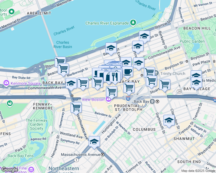 map of restaurants, bars, coffee shops, grocery stores, and more near 240 Newbury Street in Boston