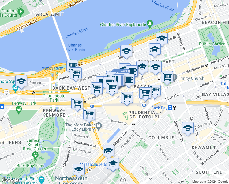 map of restaurants, bars, coffee shops, grocery stores, and more near in Boston