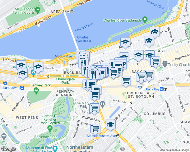 map of restaurants, bars, coffee shops, grocery stores, and more near 345 Commonwealth Avenue in Boston