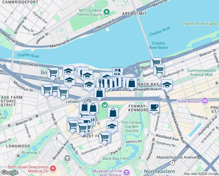 map of restaurants, bars, coffee shops, grocery stores, and more near 660 Beacon Street in Boston