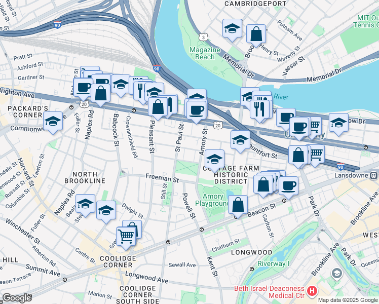 map of restaurants, bars, coffee shops, grocery stores, and more near 15 Egmont Street in Brookline