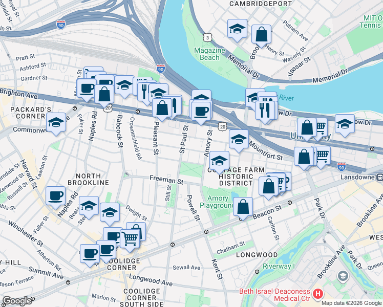 map of restaurants, bars, coffee shops, grocery stores, and more near 15 Egmont Street in Brookline