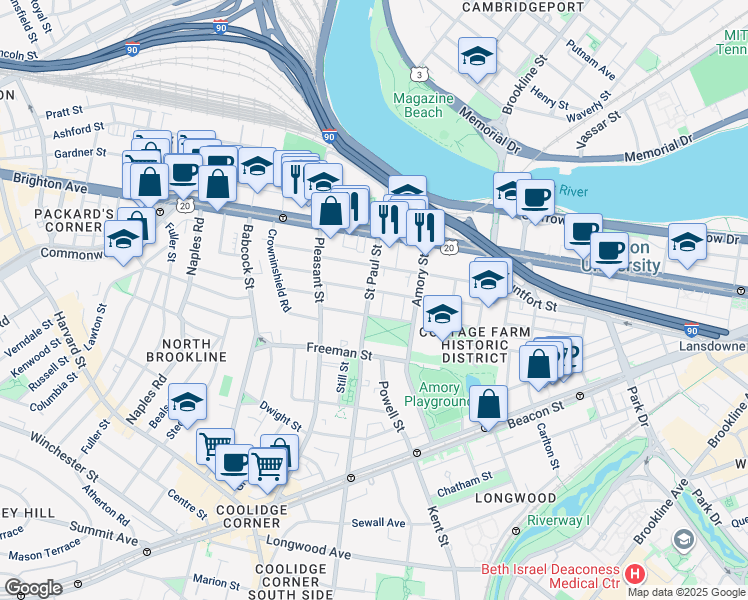 map of restaurants, bars, coffee shops, grocery stores, and more near 49 Egmont Street in Brookline