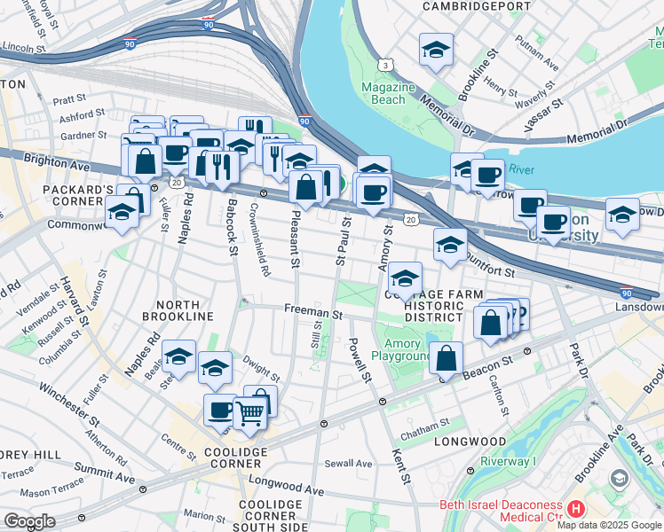map of restaurants, bars, coffee shops, grocery stores, and more near 49 Egmont Street in Brookline