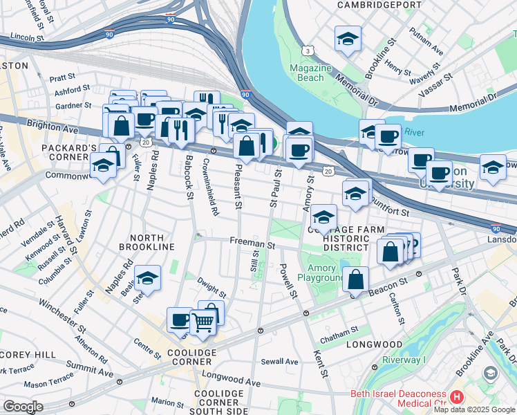 map of restaurants, bars, coffee shops, grocery stores, and more near 49 Egmont Street in Brookline