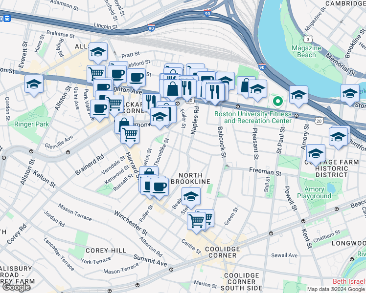 map of restaurants, bars, coffee shops, grocery stores, and more near 71 Abbottsford Road in Brookline