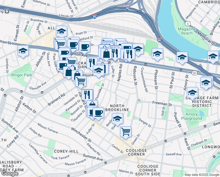 map of restaurants, bars, coffee shops, grocery stores, and more near 168 Coolidge Street in Brookline