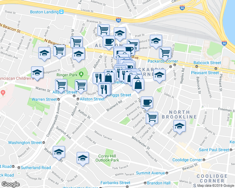 map of restaurants, bars, coffee shops, grocery stores, and more near 1277 Commonwealth Avenue in Boston