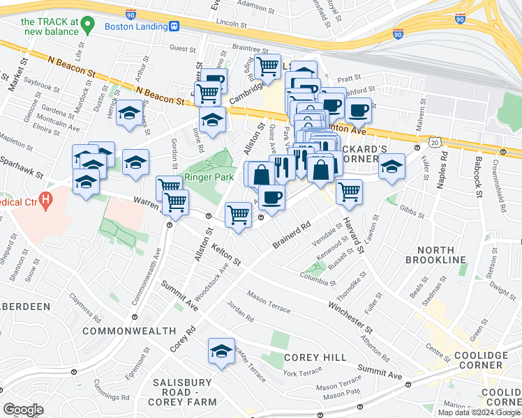 map of restaurants, bars, coffee shops, grocery stores, and more near 66 Glenville Avenue in Boston