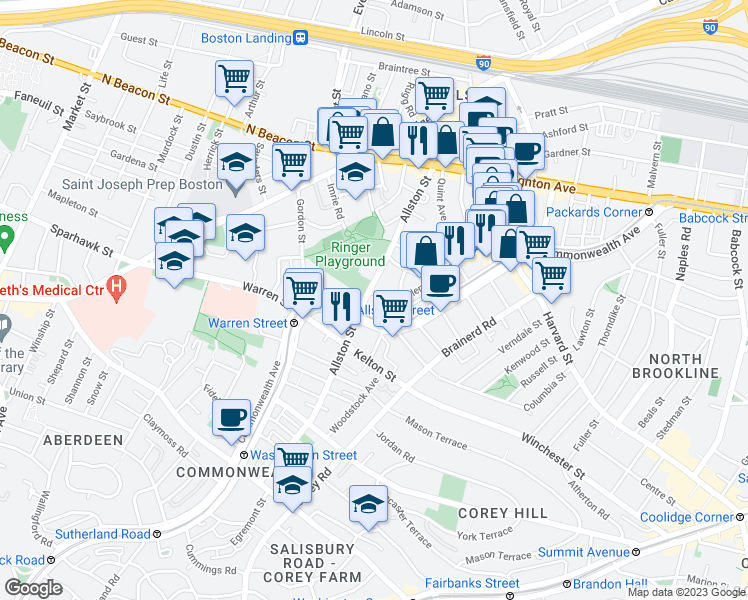 map of restaurants, bars, coffee shops, grocery stores, and more near 139 Glenville Avenue in Boston