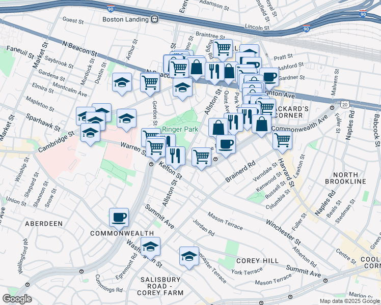 map of restaurants, bars, coffee shops, grocery stores, and more near 139 Glenville Avenue in Boston