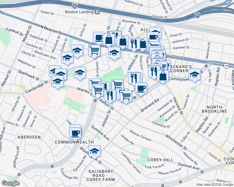 map of restaurants, bars, coffee shops, grocery stores, and more near 139 Glenville Avenue in Boston