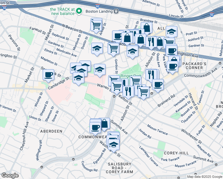 map of restaurants, bars, coffee shops, grocery stores, and more near 103 Gordon Street in Boston