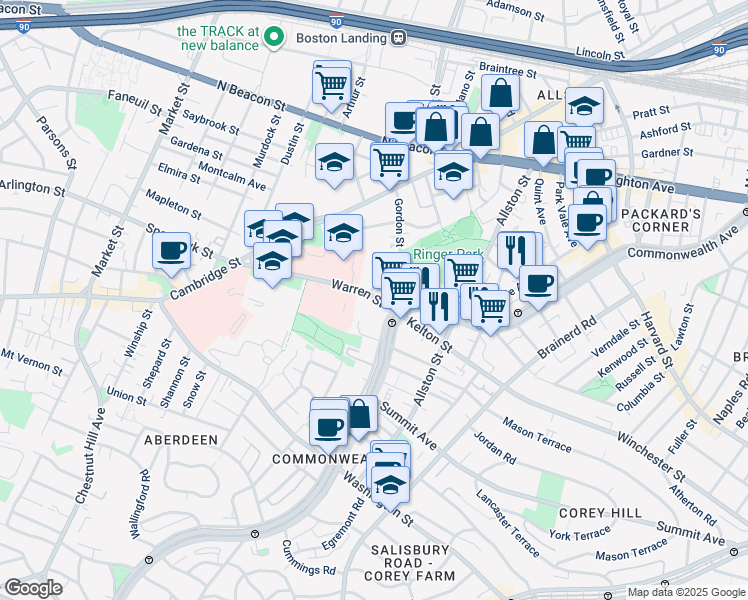 map of restaurants, bars, coffee shops, grocery stores, and more near 103 Gordon Street in Boston