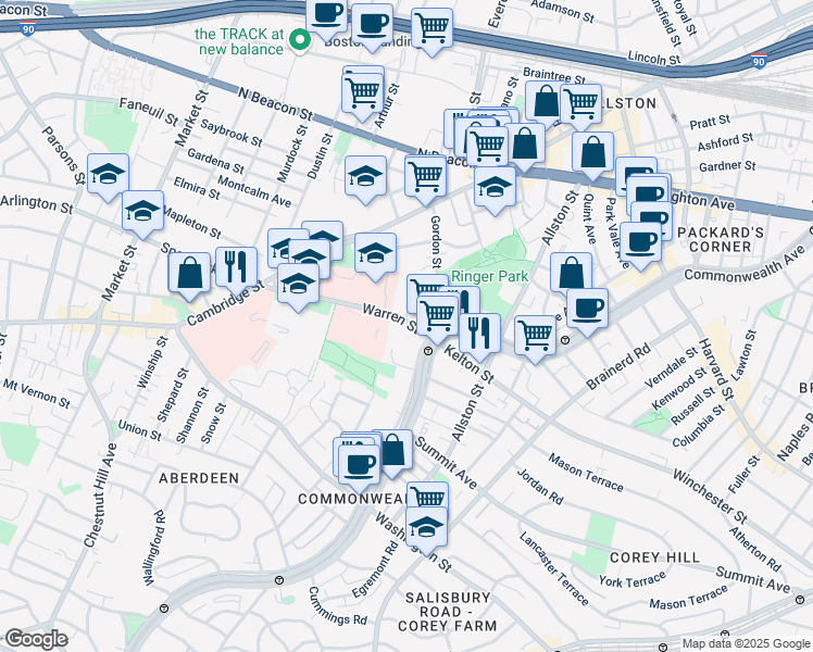 map of restaurants, bars, coffee shops, grocery stores, and more near 98-100 Warren Street in Boston