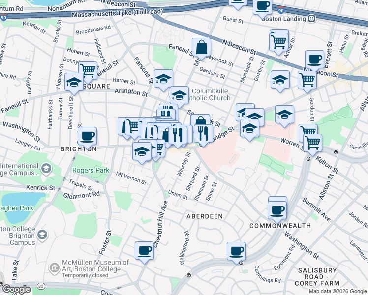 map of restaurants, bars, coffee shops, grocery stores, and more near 302 Washington Street in Boston
