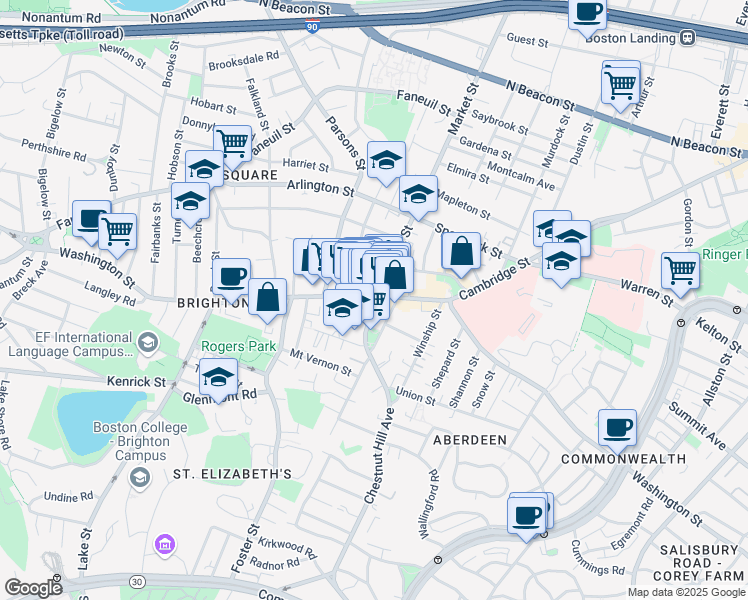 map of restaurants, bars, coffee shops, grocery stores, and more near 385 Washington Street in Boston