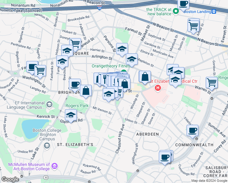 map of restaurants, bars, coffee shops, grocery stores, and more near 385 Washington Street in Boston