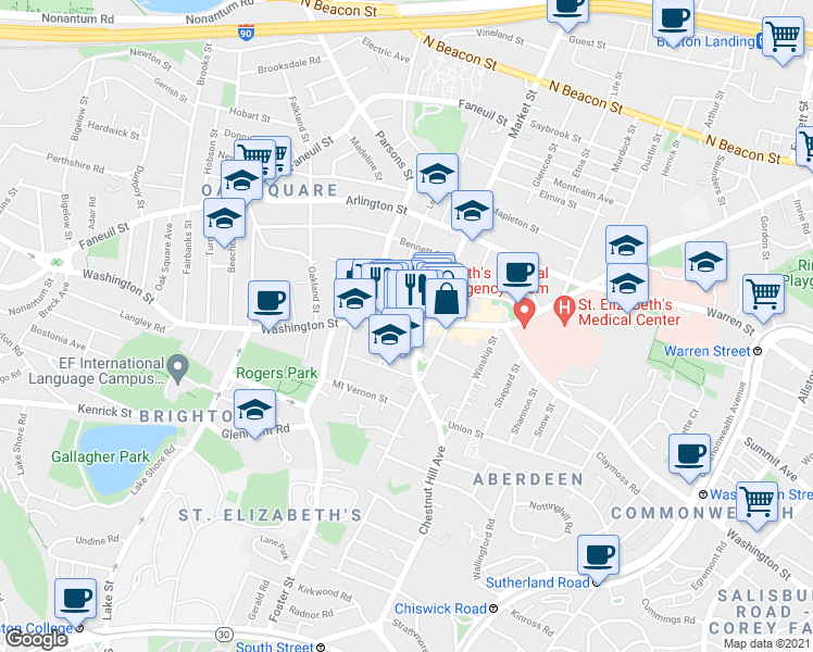 map of restaurants, bars, coffee shops, grocery stores, and more near 385 Washington Street in Boston