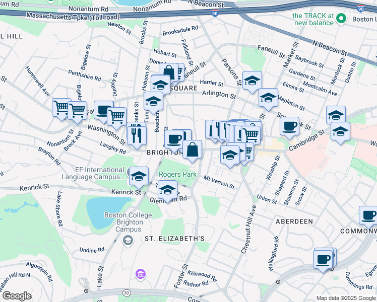 map of restaurants, bars, coffee shops, grocery stores, and more near 57 Malbert Road in Boston