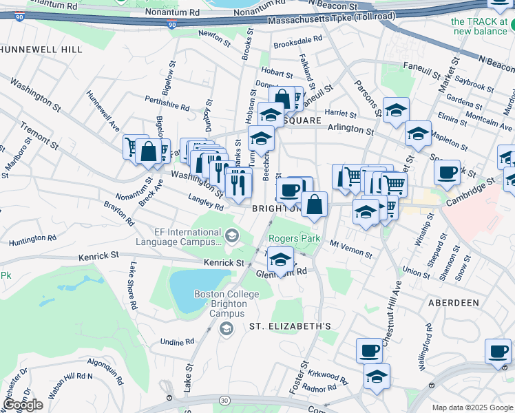map of restaurants, bars, coffee shops, grocery stores, and more near 10 Beechcroft Street in Boston