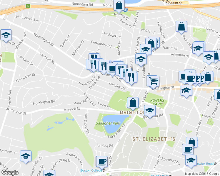 map of restaurants, bars, coffee shops, grocery stores, and more near 50 Langley Road in Boston