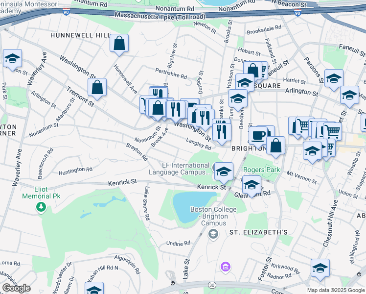 map of restaurants, bars, coffee shops, grocery stores, and more near 50 Langley Road in Boston