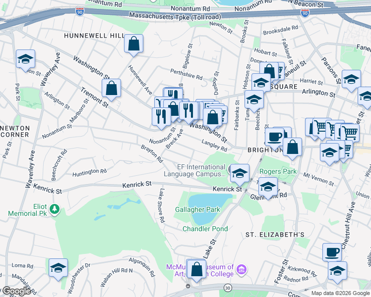 map of restaurants, bars, coffee shops, grocery stores, and more near 18 North Crescent Circuit in Boston