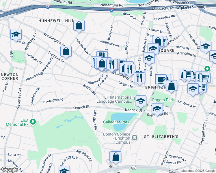 map of restaurants, bars, coffee shops, grocery stores, and more near 18 North Crescent Circuit in Boston