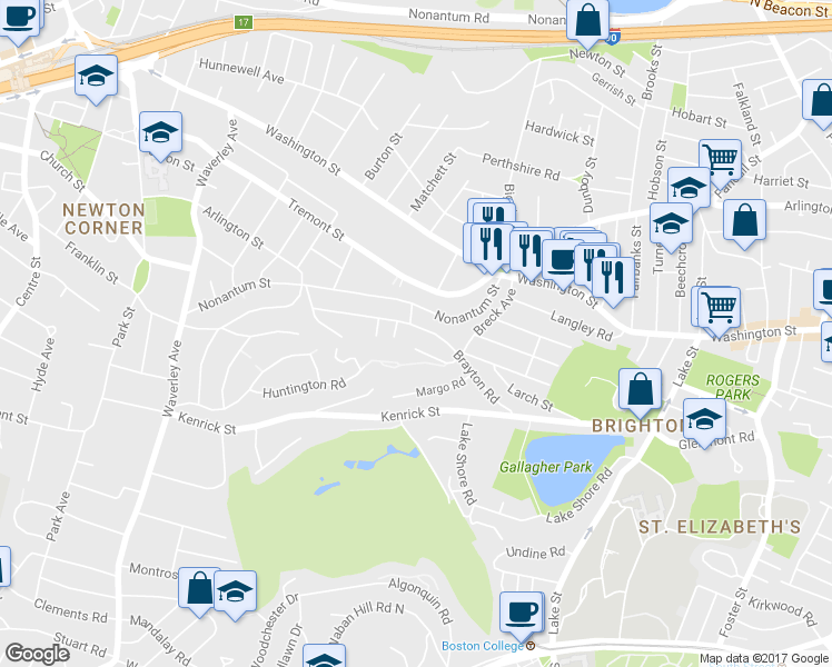 map of restaurants, bars, coffee shops, grocery stores, and more near 111 Brayton Road in Boston
