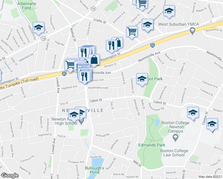 map of restaurants, bars, coffee shops, grocery stores, and more near 47 Washington Park in Newton