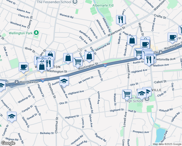 map of restaurants, bars, coffee shops, grocery stores, and more near 216 Austin Street in Newton