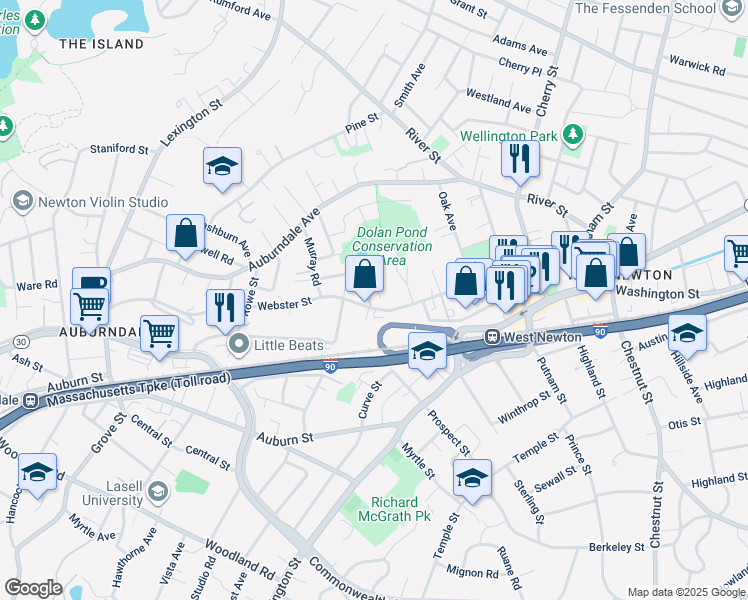 map of restaurants, bars, coffee shops, grocery stores, and more near 97 Webster Park in Newton