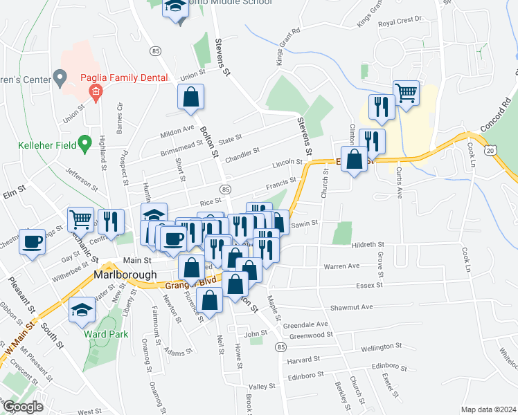 map of restaurants, bars, coffee shops, grocery stores, and more near 3 Middle Street in Marlborough
