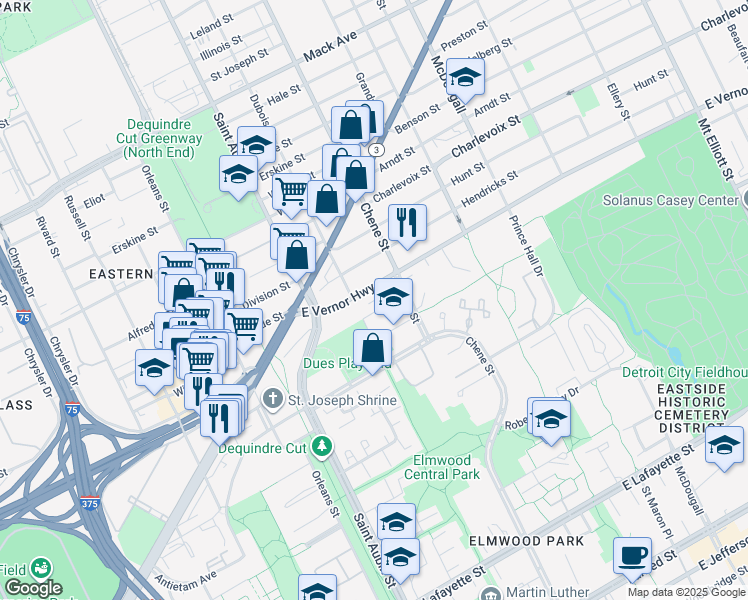 map of restaurants, bars, coffee shops, grocery stores, and more near 2445 East Vernor Highway in Detroit