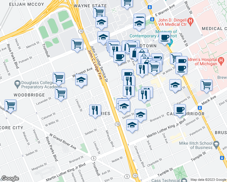 map of restaurants, bars, coffee shops, grocery stores, and more near 860 Calumet Street in Detroit
