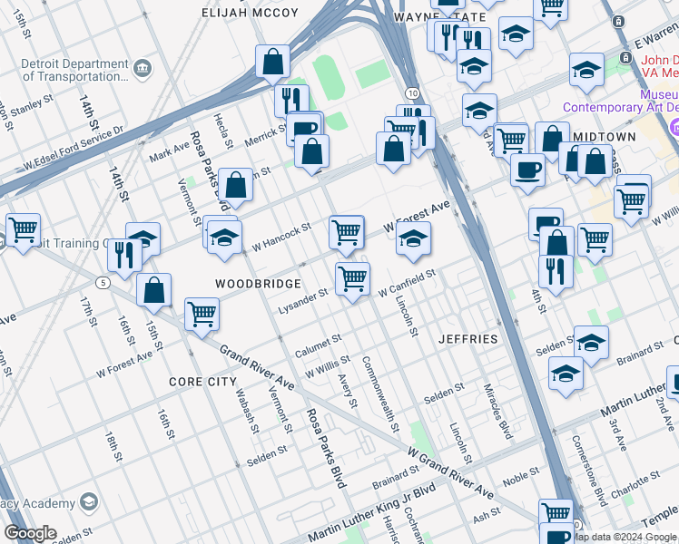 map of restaurants, bars, coffee shops, grocery stores, and more near in Detroit