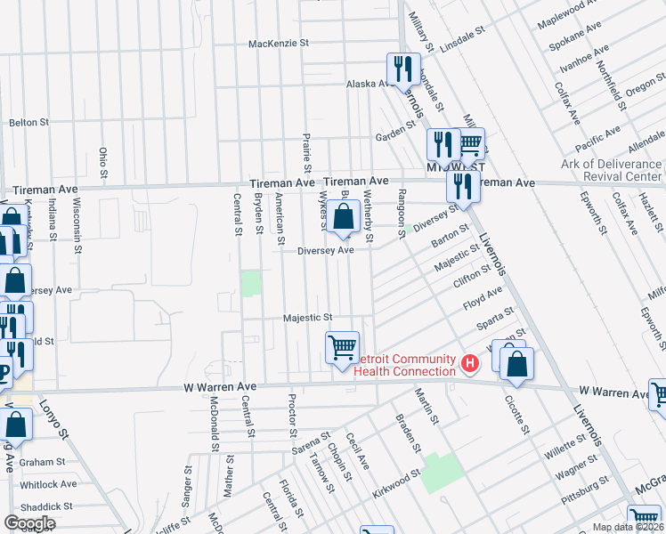 map of restaurants, bars, coffee shops, grocery stores, and more near 7557 Wykes Street in Detroit