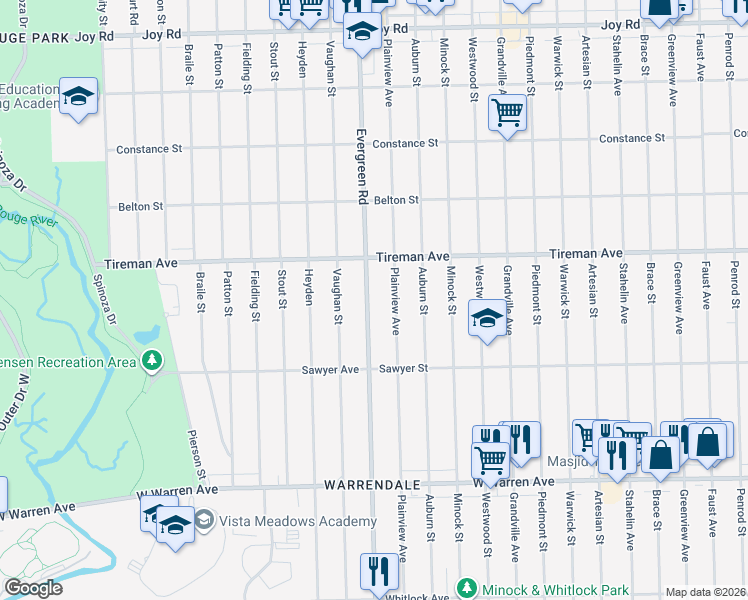 map of restaurants, bars, coffee shops, grocery stores, and more near 7754 Evergreen Road in Detroit
