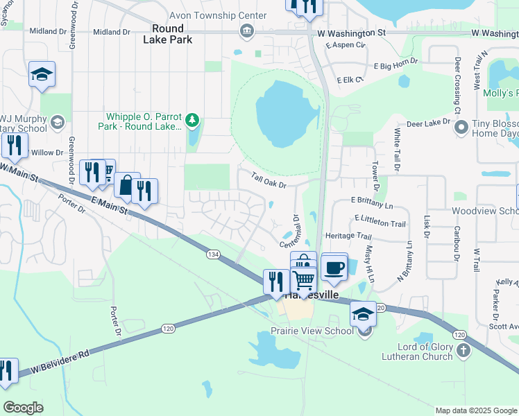 map of restaurants, bars, coffee shops, grocery stores, and more near 625 Cranberry Lake Drive in Hainesville