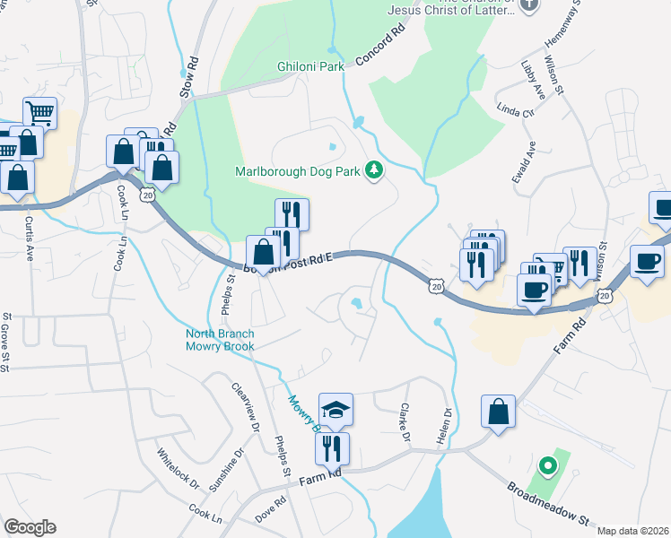 map of restaurants, bars, coffee shops, grocery stores, and more near 243 Boston Post Road East in Marlborough