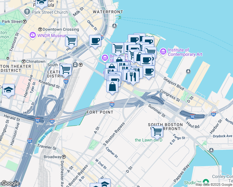 map of restaurants, bars, coffee shops, grocery stores, and more near 63 Melcher Street in Boston
